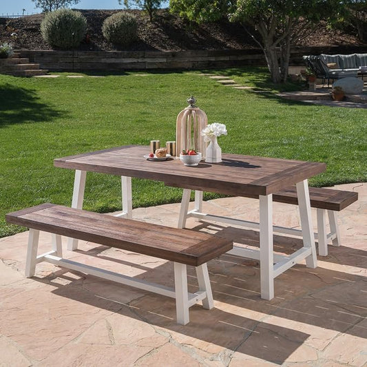 GDFStudio Cassie Outdoor Modern Industrial 3 Piece Acacia Wood Picnic Dining Set with Benches, Sandblasted Dark Brown and White Rustic Metal