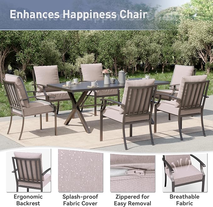 Kurapika 7-Piece Outdoor Dining Set, Includes 1 Large Metal Table with Umbrella Cutout and 6 Fixed Metal Chairs, for Decks, Yards, Gardens, Porches, Sand