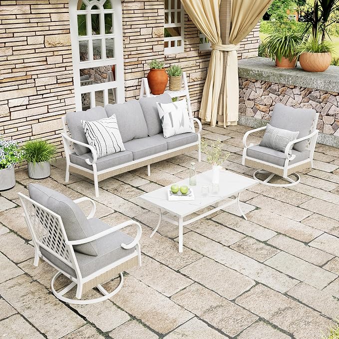 MIXPATIO 4 Piece Patio Furniture Set, 2 x Swivel Chair, 1 x 3-Seat Sofa with Marbling Coffee Table, 5 Seats Outdoor Conversation Set for Lawn Garden Backyard, Light Gray
