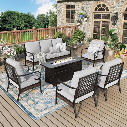 MIXPATIO Patio Furniture Set with Fire Pit Table, Metal Outdoor Conversation Set with 5.75'' Extra Thick Cushion, 4 Leg Chairs, 3-Seat Sofa and Gas Fire Pit Table, Light Grey