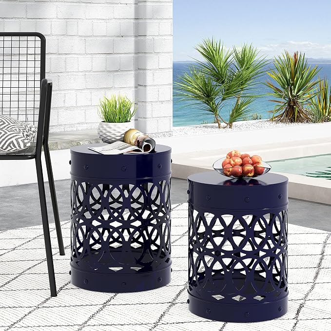 Outdoor Metal Side Table Set of 2, Navy Blue