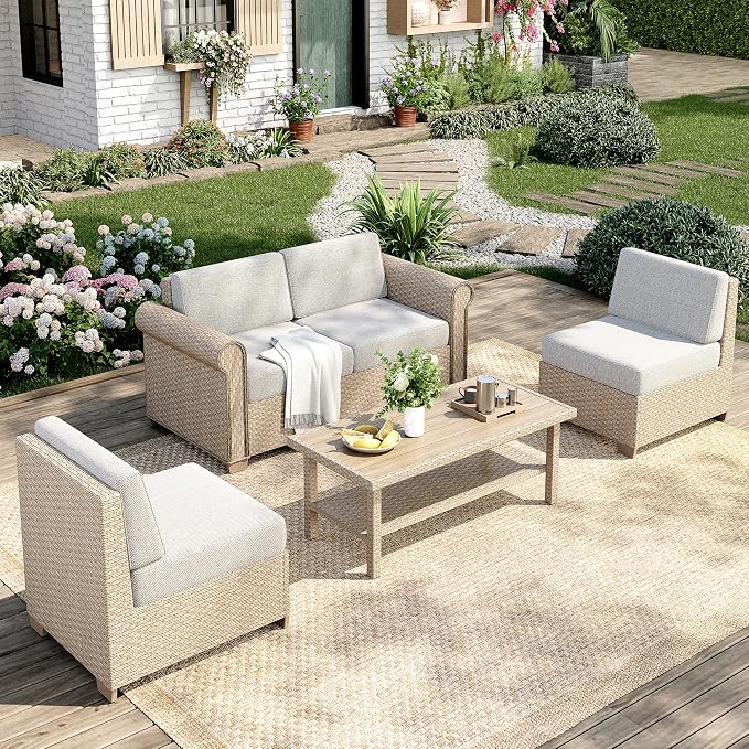 MIXPATIO Patio Furniture Set, 5 Piece Outdoor Rattan Wicker Sectional Sofa Couch Conversation Set with 5.5" Thick Waterproof Cushions and Coffee Table for Deck Backyard