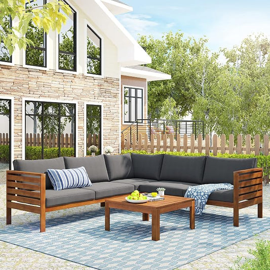 Merax 4-Piece Outdoor Sectional Furniture Set, All-Weather Acacia Wood Patio Sofa with Washable Cushions, Water-Resistant and UV Protected Conversation Set for Backyard, Poolside, Garden, Grey