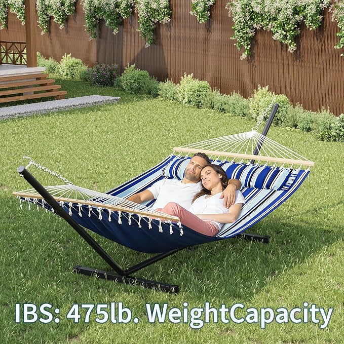 Double Hammock with Stand, Outdoor Freestanding Hammock for Two People, Max 475lbs Capacity, Heavy Duty Steel Frame, Quilted Pillow & Portable Carry Bag, Easy Assembly, Navy Blue Stripes