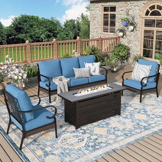 MIXPATIO Patio Furniture Set with Fire Pit Table, 4 PCS Metal Outdoor Conversation Set with 5.75'' Extra Thick Cushion, 2 Chairs, 3-Seat Sofa and Gas Fire Pit Table, Navy Blue