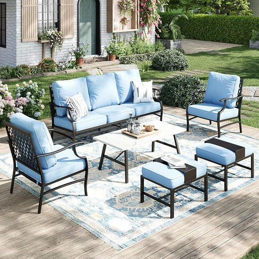 MIXPATIO Patio Furniture Set 6 pcs, Outdoor Patio Furniture, 3-Seat Sofa, 2 Single Chairs, 2 Ottomans, Coffee Table and 5.75" Extra Thick Cushion, Patio Conversation Set for Garden Backyard Deck,Blue