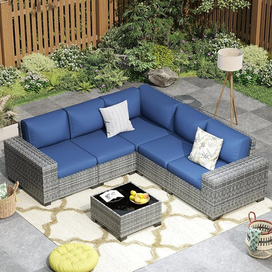 Outdoor Patio Furniture Set, 8'' Wide armrest Outdoor Sectional Rattan Sofa Set, Wicker Patio Furniture Sets w/Coffee Table,Thick Cushions and Cover for Porch, Balcony,Deck 6 PCS(Grey&Navy)