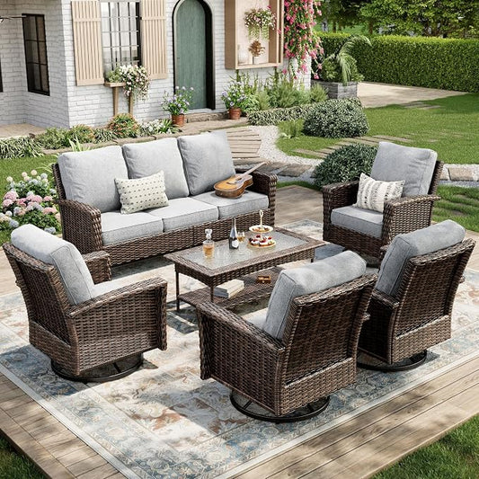 MIXPATIO 6-Piece Wicker Patio Furniture Set with Swivel Chairs, High Back Outdoor Sofa with 5.5-inch Thick Cushion, All-Weather Wicker Patio Conversation Set for Deck Yard Pool, Grey