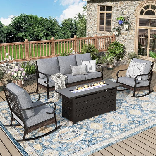 MIXPATIO Patio Furniture Set with Fire Pit Table, 4 PCS Metal Outdoor Conversation Set with 5.75'' Extra Thick Cushion, 2 Rocking Chairs, 3-Seat Sofa and Gas Fire Pit Table, Grey