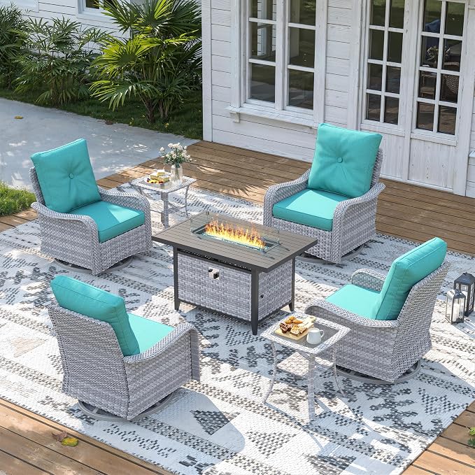 7 Piece Wicker Patio Furniture Set with 55,000 BTU Fire Pit Table, Swivel Rocking Chairs, 4''Cushions, PE Rattan, Wind Guard Glass, for Backyard, Deck or Balcony, Blue