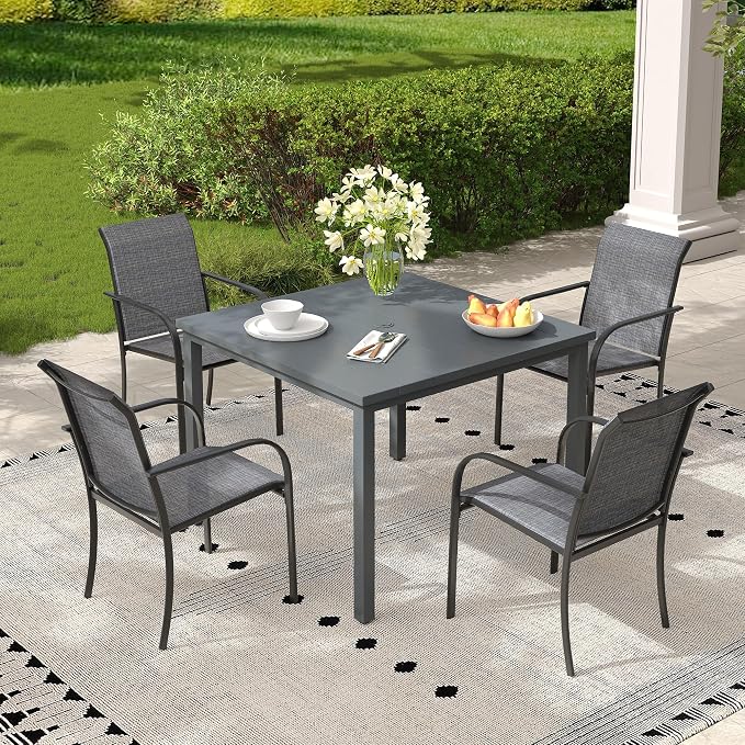 Patio Table and Chairs Set for 4, Outdoor Dining Set with 4 Stackable Dining Chairs and 40.2" x 40.2" Patio Square Dining Table for Backyard, Deck, Lawn, Garden, Grey & Dark Grey
