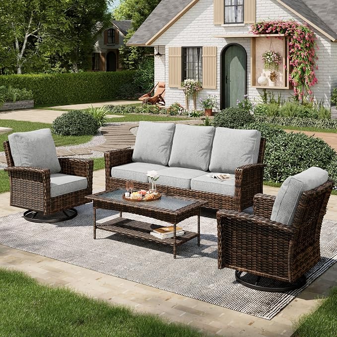 MIXPATIO 4-Piece Wicker Patio Furniture Set with Swivel Chairs, High Back Outdoor Sofa with 5.5-inch Thick Cushion, All-Weather Wicker Patio Conversation Set for Deck Yard Pool, Grey