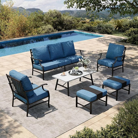 HERA'S HOUSE 6 Piece Patio Furniture Set, 2 x Metal Cushioned Chair, 2 x Cushioned Ottoman, 1 x 3-Seat Sofa with Marbling Coffee Table, Outdoor Conversation Set for Lawn Garden Backyard, Pacific Blue