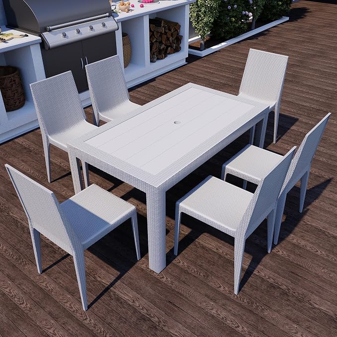 LeisureMod Mace Modern Weave Design Outdoor Patio Rectangle Dining Table (White)