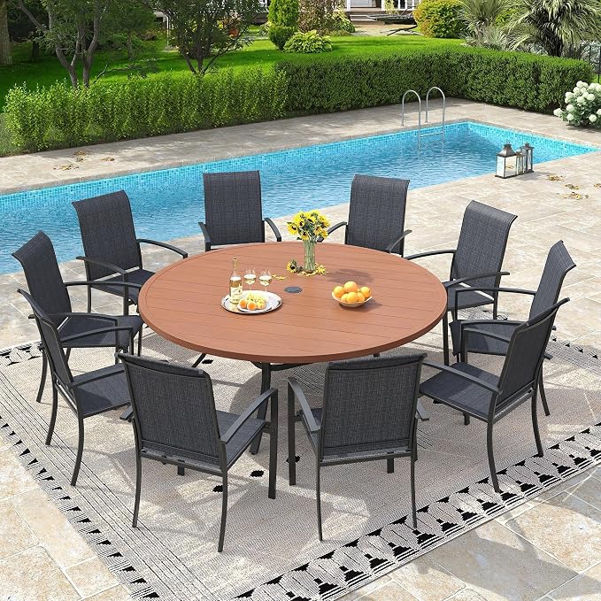 VICLLAX 63" Outdoor Patio Dining Table for 8-10, Metal Round Table with Umbrella Hole for Deck Lawn Garden Backyard, Walnut