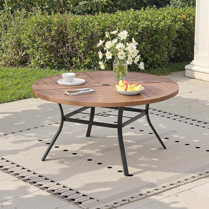 50" Outdoor Dining Table with Adjustable Umbrella Hole, Metal Slatted Round Patio Dining Table for Backyard Garden Deck, Walnut