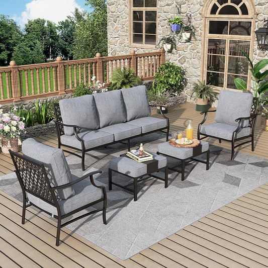 MIXPATIO Patio Furniture Set 5 pcs, Outdoor Patio Furniture, 3-Seat Sofa, 2 Single Chairs, 2 Ottomans and 5.75" Extra Thick Cushion, Patio Conversation Set for Garden Backyard Deck,Grey