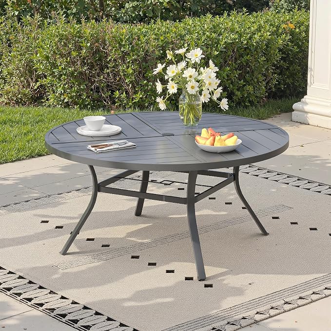 53.1" Outdoor Dining Table with Adjustable Umbrella Hole, Metal Slatted Round Patio Dining Table for Backyard Garden Deck, Dark Grey