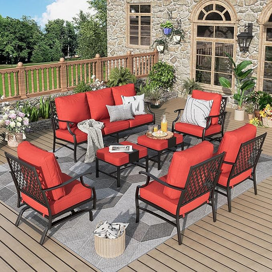 MIXPATIO Patio Furniture Set 7 pcs, Outdoor Patio Furniture, 3-Seat Sofa, 2 Single Chairs, 2 Rocking Chairs, 2 Ottomans and 5.75" Extra Thick Cushion, Patio Conversation Set for Backyard Deck,Red