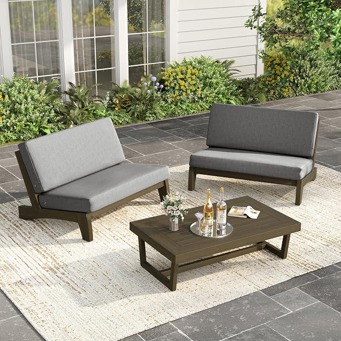 Wood Patio Furniture Sets, 3 Pieces All Weather Patio Loveseat Sofa Outdoor Sectional Futniture Backyard Conversation Set with Solid Wooden Coffee Table - Light Gray