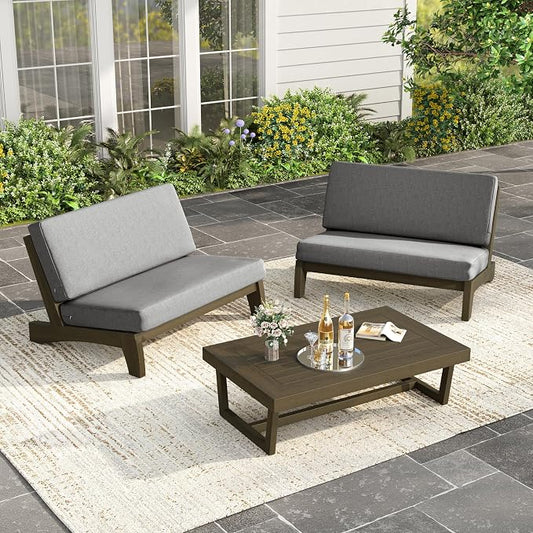 Wood Patio Furniture Sets, 3 Pieces All Weather Patio Loveseat Sofa Outdoor Sectional Futniture Backyard Conversation Set with Solid Wooden Coffee Table - Light Gray