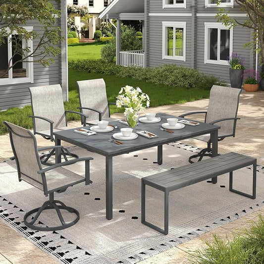 6 Pieces Patio Dining Set with Outdoor Bench, 63" Rectangular Patio Dining Table and Swivel Chairs for 6-7 People, Outdoor Furniture Set for Garden Deck, Grey & Dark Grey