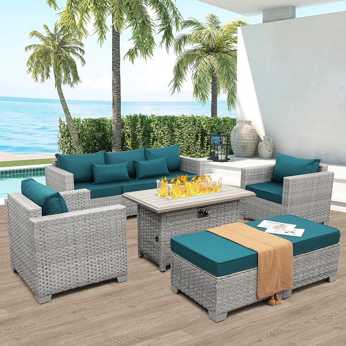 WAROOM Patio Furniture Set 6 Piece PE Rattan Outdoor Conversation Sets Grey Wicker Couch Sectional Sofa with Fire Pit Table and Peacock Blue Cushion