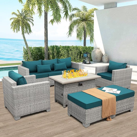 WAROOM Patio Furniture Set 6 Piece PE Rattan Outdoor Conversation Sets Grey Wicker Couch Sectional Sofa with Fire Pit Table and Peacock Blue Cushion