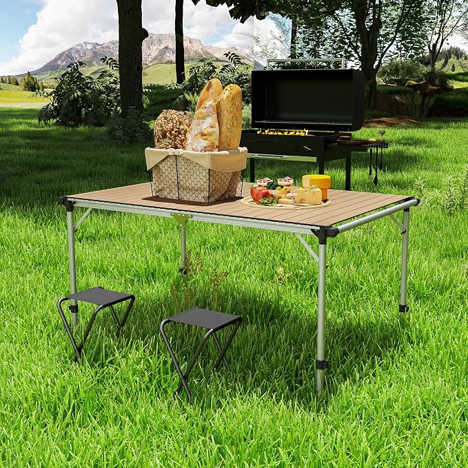 Outsunny Folding Camping Table, Adjustable Height Aluminum Table, Portable Camping Table for Picnic, Beach, BBQ, Light Brown