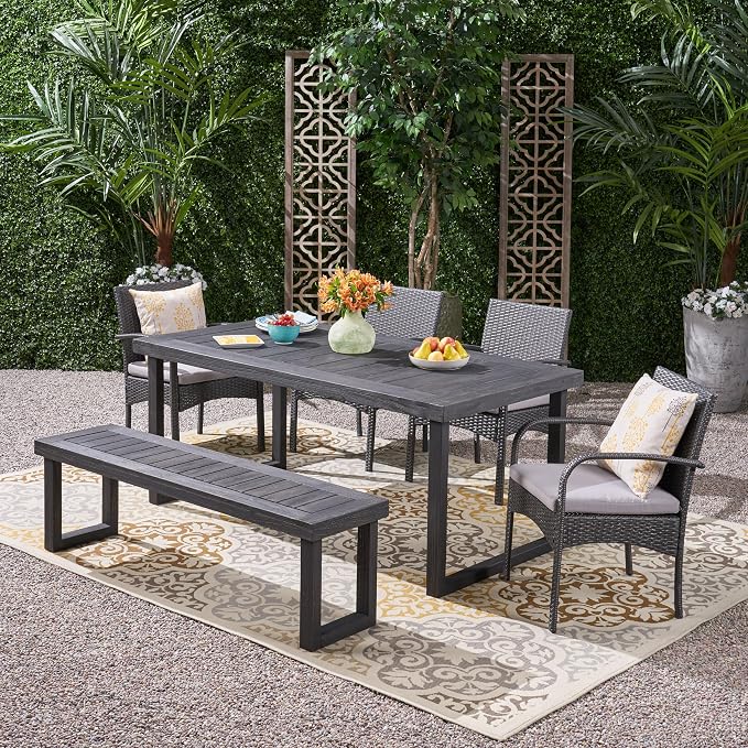 Christopher Knight Home Stillwater Outdoor 6-Seater Aluminum Dining Set with Wicker Chairs and Bench, Sandblast Dark Gray and Gray