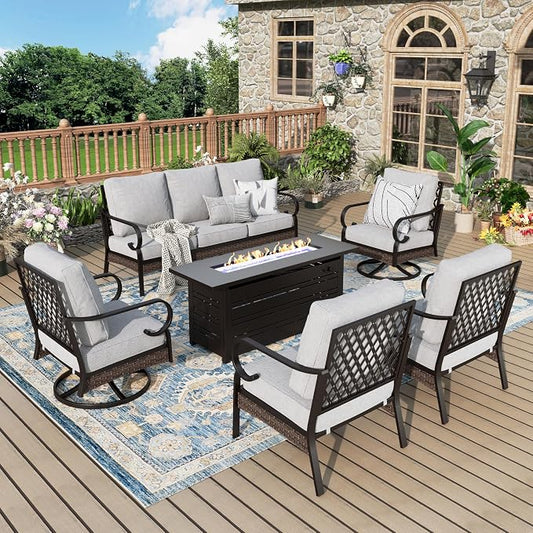 MIXPATIO Patio Furniture Set with Fire Pit Table, Metal Outdoor Conversation Set with 5.75'' Extra Thick Cushion, 2 Swivel Chairs, 2 Leg Chairs, 3-Seat Sofa and Gas Fire Pit Table, Light Grey