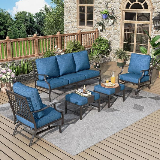 MIXPATIO Patio Furniture Set 5 pcs, Outdoor Patio Furniture, 3-Seat Sofa, 2 Rocking Chairs, 2 Ottomans and 5.75" Extra Thick Cushion, Conversation Set for Backyard Deck,Gemstone Blue