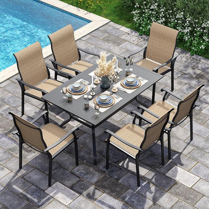 UDPATIO 7 Piece Patio Dining Set for 6, Patio Outdoor Table and Chairs, 59"×38" Black Table with Umbrella Hole, Brown Patio Chairs, Patio Table with Chairs, Outdoor Dining Set for Backyard, Deck