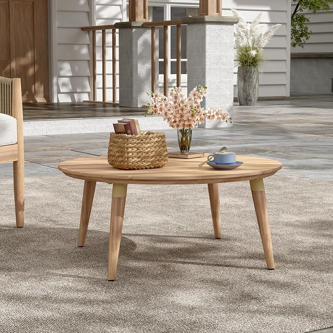 Outdoor Patio Round Acacia Wood Coffee Table, Natural Finish Wood