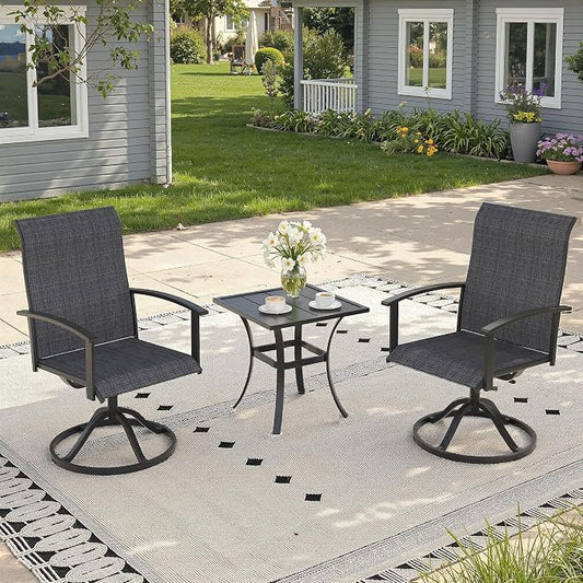 3 Pieces Small Patio Dining Set, Outdoor Furniture of 18.1" Square Patio Side Table & Patio Swivel Chairs for Backyard Lawn Garden, Black Table and Black Chairs