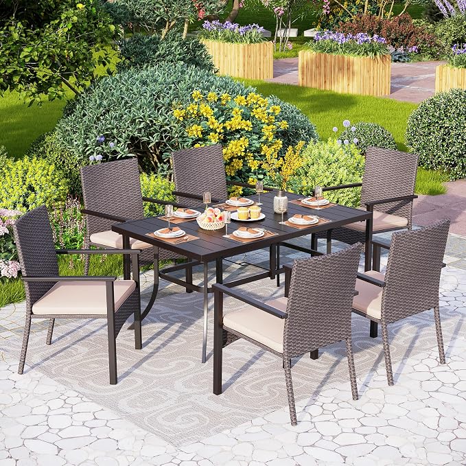 PHI VILLA 7 Piece Patio Dining Set, 60” Rectangular Table, Rattan Chairs | Outdoor Dining Set for 6, Metal Dining Table with Umbrella Hole, Wicker Chairs with Cushions for Patio, Deck, Porch