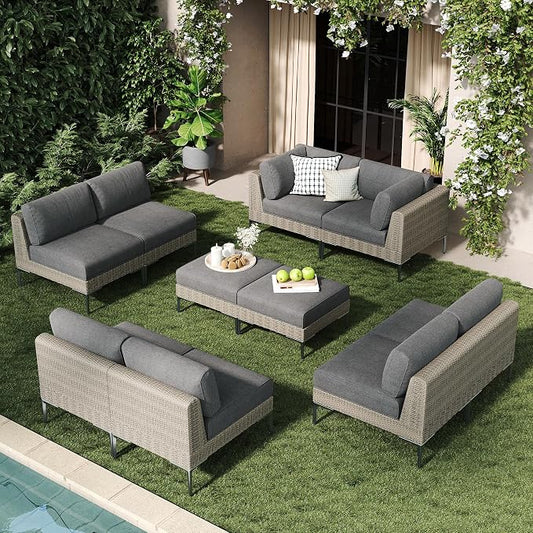 LayinSun 10-Piece Wicker Rattan Patio Furniture Set, Deep Seating Outdoor Modular Sectional Sofa Conversation Set with Thick Cushions for Lawn, Garden