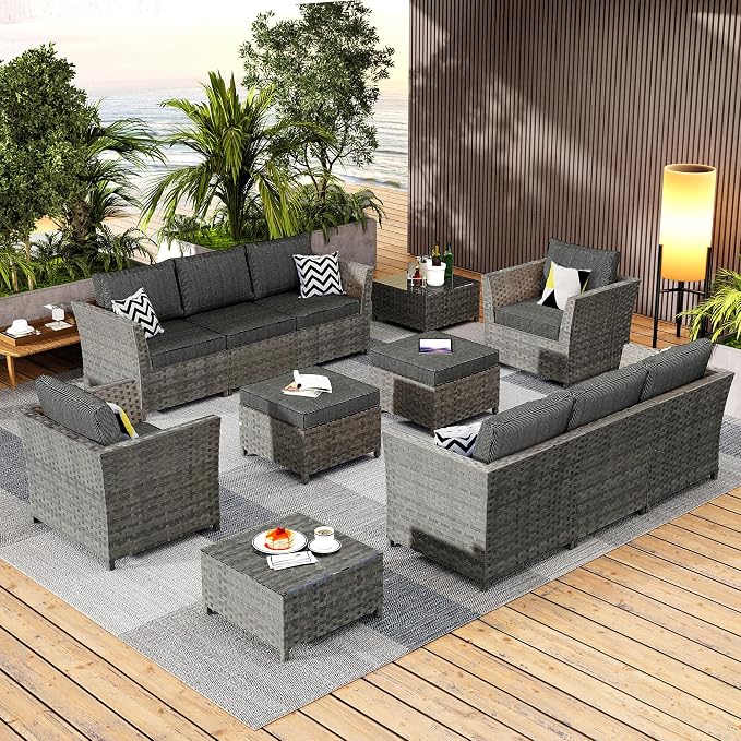 CAODOC 12 Pieces Outdoor Furniture Patio Sectional Sofa Couch Gray PE Wicker Conversation Sets with Ottomans Glass Coffee Table for Garden Poolside Backyard