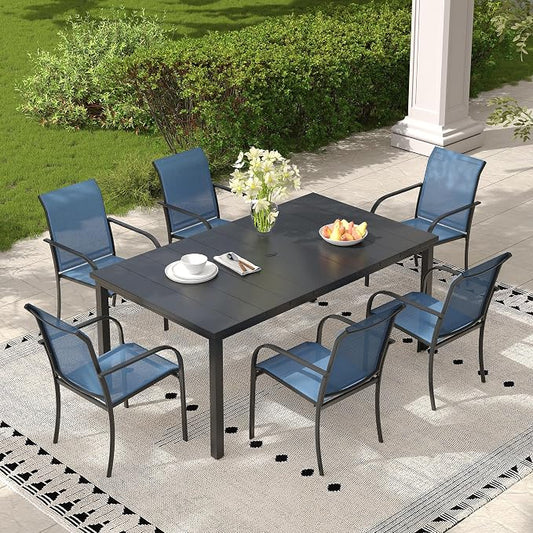 Patio Table and Chairs Set for 6, Outdoor Dining Set with 6 Stackable Dining Chairs and 63"x 37.8" Metal Steel Rectangle Dining Table for Backyard, Lawn, Garden, Dark Blue & Black