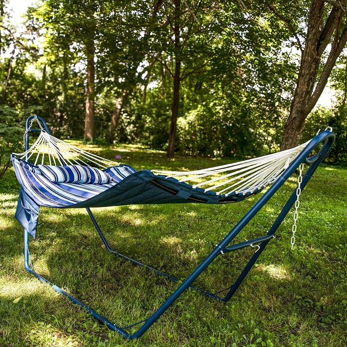 Sunnydaze Quilted Fabric Double Outdoor Hammock - 2-Person Hammock with Metal Curved Spreader Bars - Catalina Beach