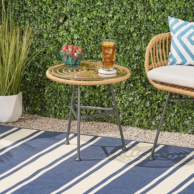 Rattan Outdoor Side Table with Tempered Glass Tabletop, Weather-Resistant Patio End Table, Stable Steel Frame for Balcony, Porch, Deck, Natural