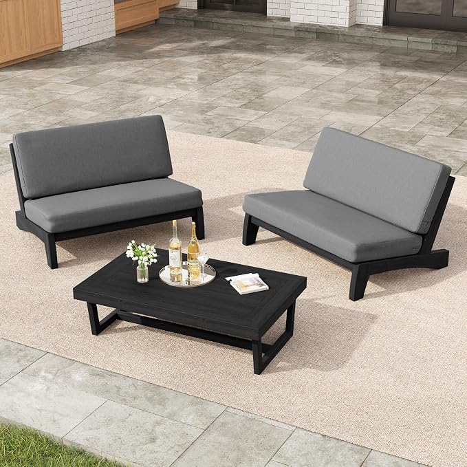 3 Pieces Patio Furniture Sets, All-Weather Outdoor Wood Bistro Set Patio Conversation Coffee Table Chiars and Patio Loveseat for Balcony, Backyard
