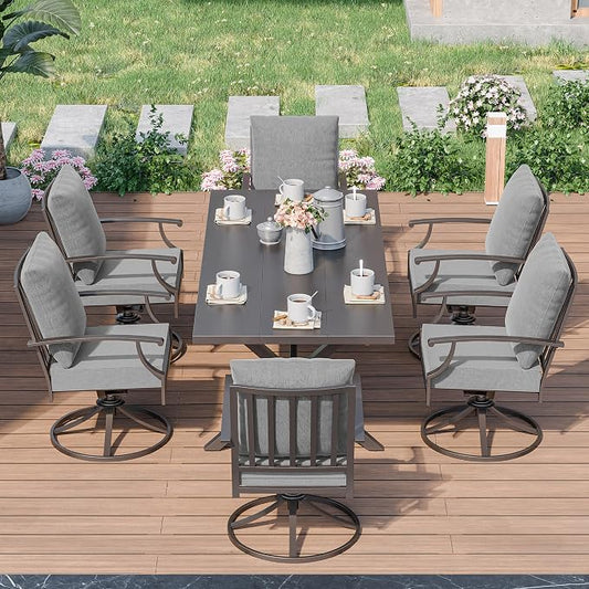 Kurapika 7 Pieces Patio Dining Set Outdoor Furniture with 6 Swivel Chairs, Metal Patio Furniture Set 6 Chairs and Large Table with Umbrella Cutout for Yard Porch Deck, Grey