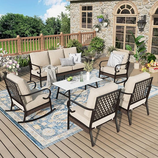 MIXPATIO Patio Furniture Set with Coffee Table, Outdoor Conversation Set with 2 x Fixed Chairs, 2 x Rocking Chairs, 1 x 3-Seat Sofa for Lawn Garden Backyard, Beige