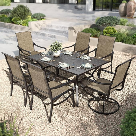 PHI VILLA 7 Pcs Outdoor Dining Set for 6, Mesh Patio Chairs & Metal Table | 60'' metal rectangular table with umbrella hole and 2 swivel & 4 fixed textilene chairs, designed for deck, backyard, garden