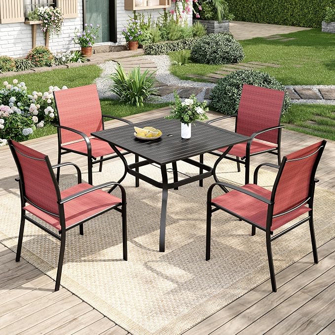 MIXPATIO 5 Pieces Patio Table and Chairs Set, 4 Person Outdoor Dining Furniture Set, 4 Red Textilene Chairs and 37" Square Metal Table with Umbrella Hole, for Deck Backyard Lawn