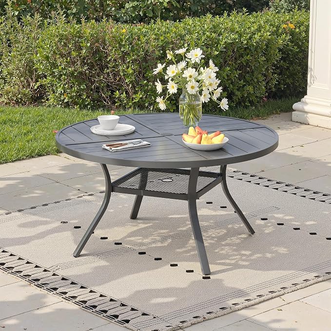 47.2" Outdoor Dining Table with Adjustable Umbrella Hole, Metal Slatted Round Patio Dining Table for Backyard Garden Deck, Dark Grey