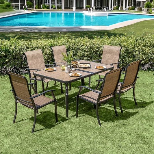 NUU GARDEN 7-Piece All-Weather Outdoor Dining Set, 61” x 37” Wood-Grain Table & 6 Ergonomic Textilene Chairs, Patio Furniture Set with Umbrella Hole for Yard Porch Poolside Garden, Black and Brown