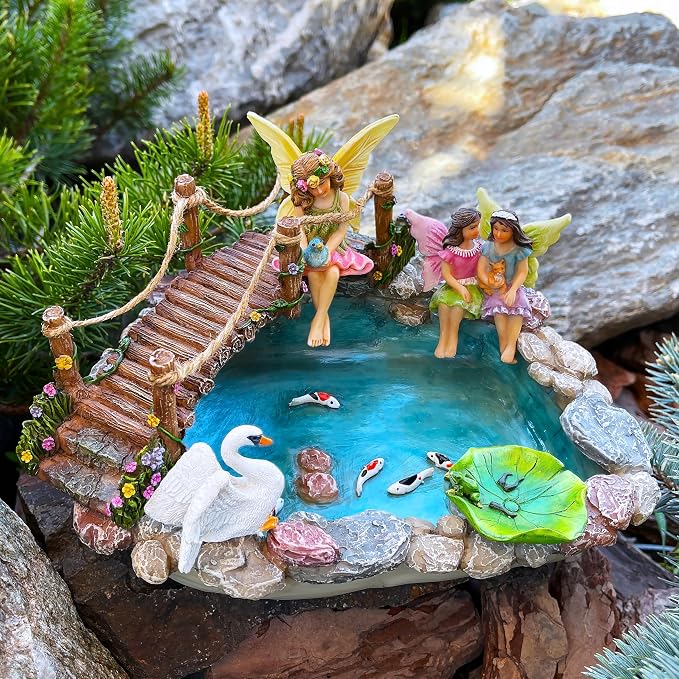 Mood Lab Fairy Garden Figurines - Fish Pond & Bridge - Miniature Decor Set (6 pcs) - Statues & Accessories - Outdoor & Indoor Garden Decor