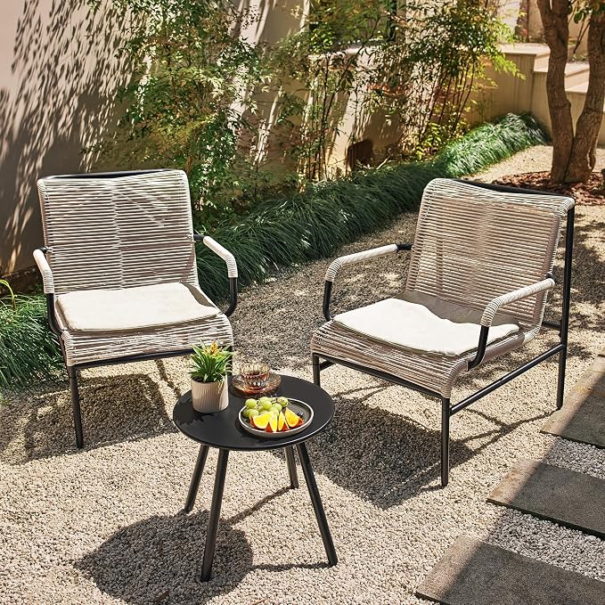 East Oak 3-Piece Patio Furniture Set, Outdoor Bistro Set with PE Rattan Wicker Wide Chairs, Soft Pads & Coffee Table, Modern All-Weather Wicker Patio Set for Garden and Porch, Creamy Apricot